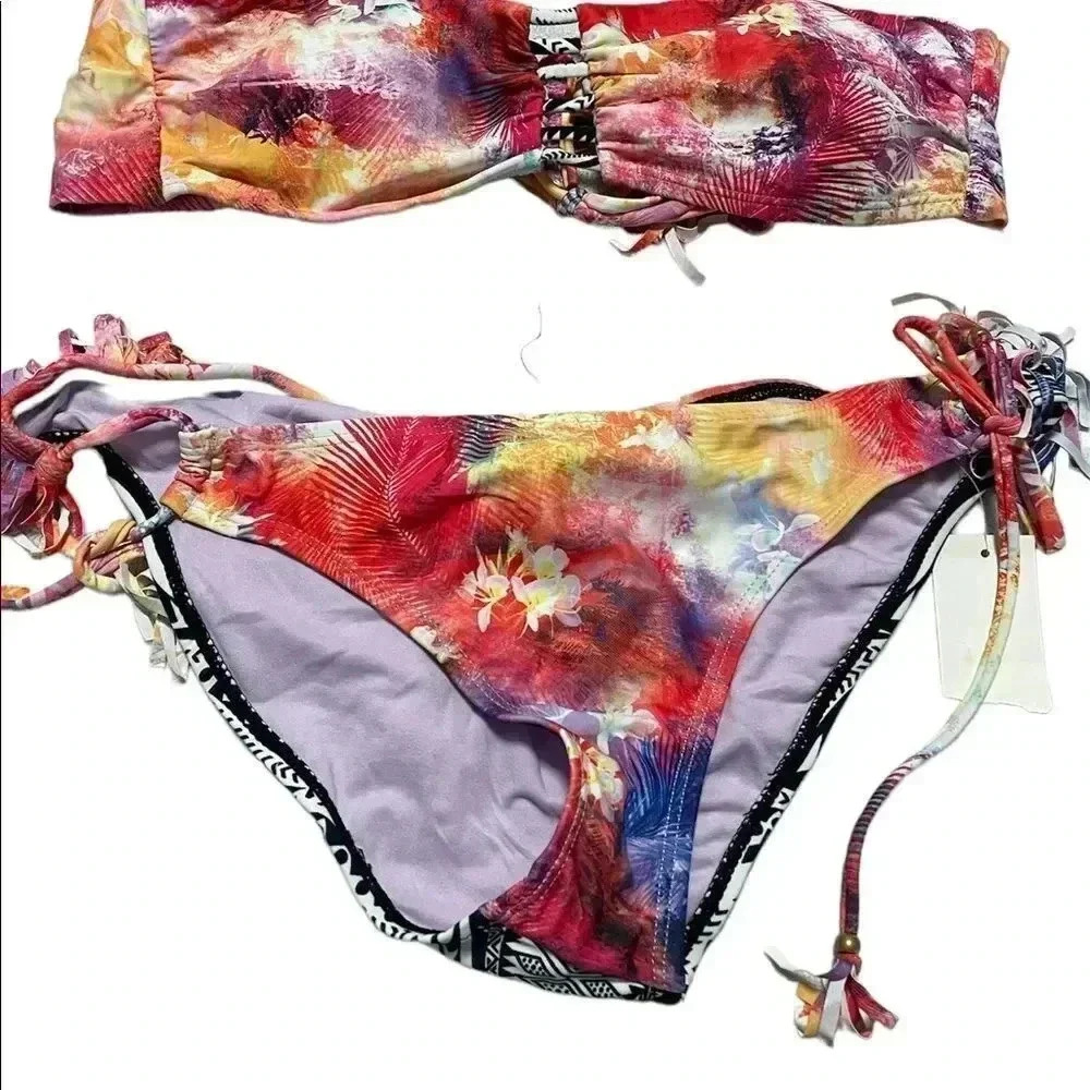 Raisins two‎ piece bikini swimsuit pink fringe festival size Large